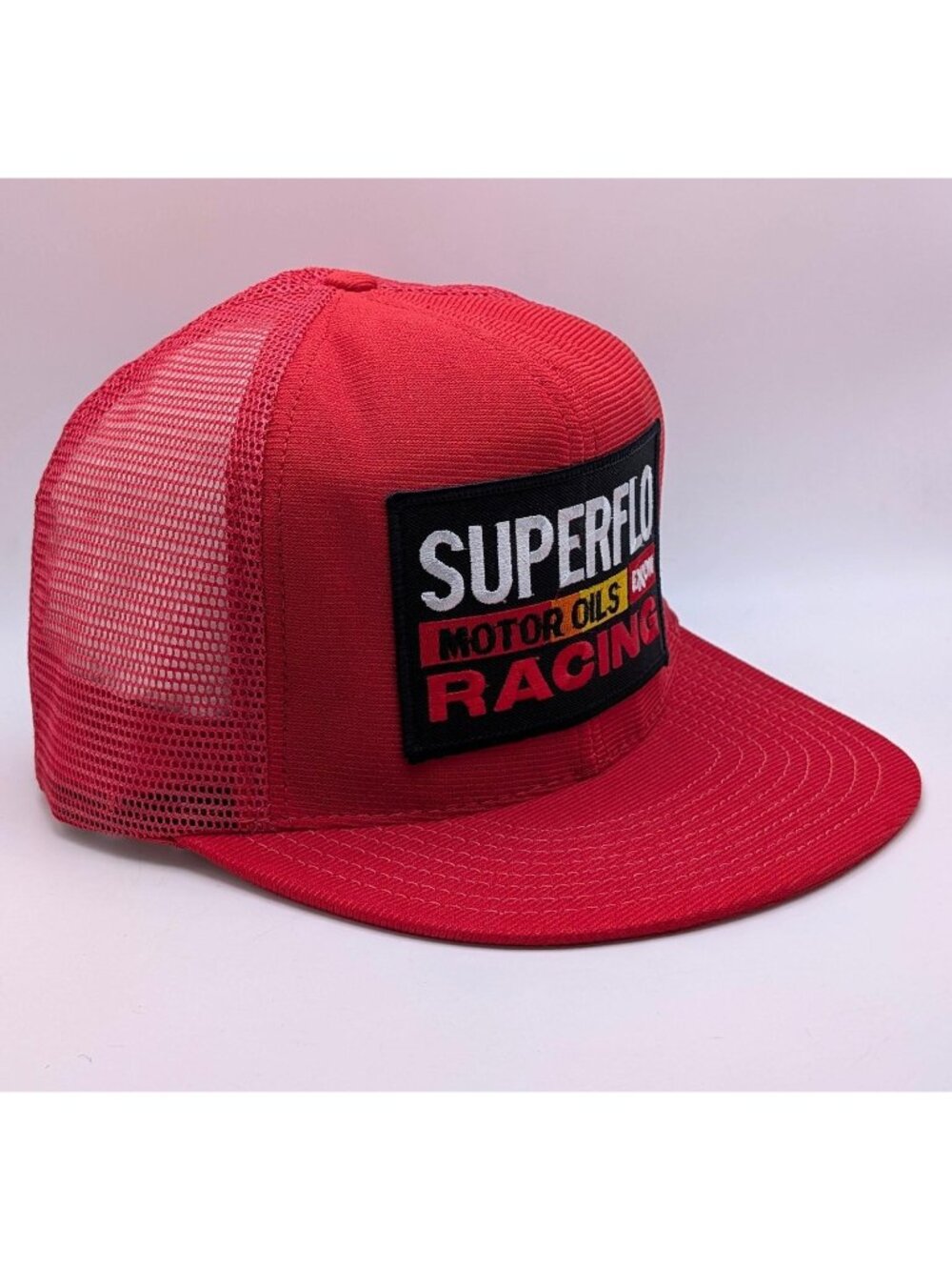 SUPERFLO Racing Trucker Hat Cap Patch Snapback Exxon Motor Oil Vintage Red Retro